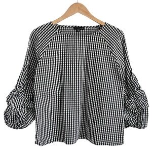 Saks Fifth Avenue Gingham Ruffle Sleeve Scoop Neck Blouse